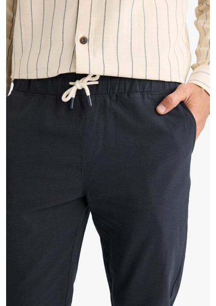 %100 Pamuk Keten Görünümlü Yazlık Jogger Pantolon Dar Paça Beli Bağcıklı Lastikli Cepli Z6475AZ25SP
