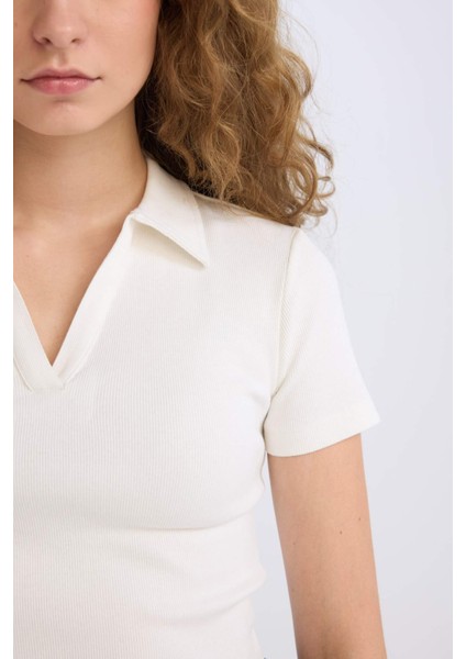 Fitted Polo Yaka Fitilli Kaşkorse Kısa Kollu Beyaz Tişört A0379AX25SM