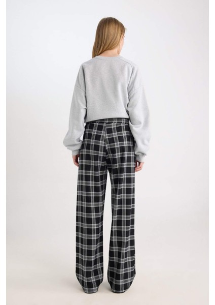 Wide Leg Kumaş Pijama Pantolon Geniş Bol Paça Kareli Normal Bel Lastikli Cepli D9548AX24WN