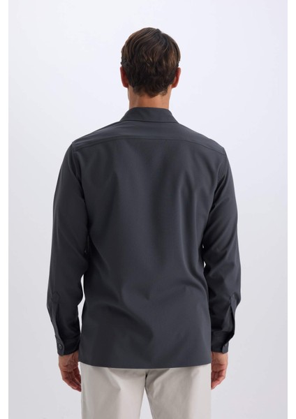 Regular Fit Polo Yaka Basic Düz Gofre Uzun Kollu Gömlek D8713AX25SP