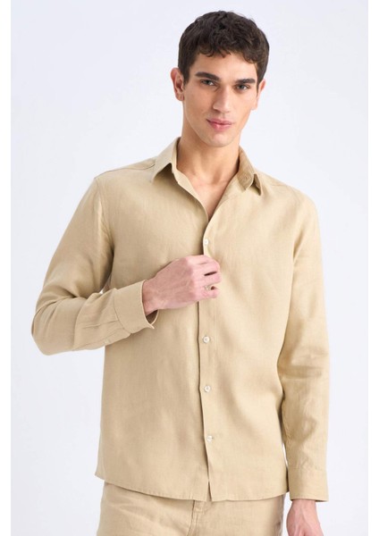 %100 Keten Regular Fit Polo Yaka Yazlık Uzun Kollu Gömlek D9925AX25SP