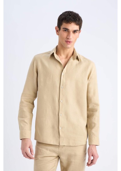 %100 Keten Regular Fit Polo Yaka Yazlık Uzun Kollu Gömlek D9925AX25SP