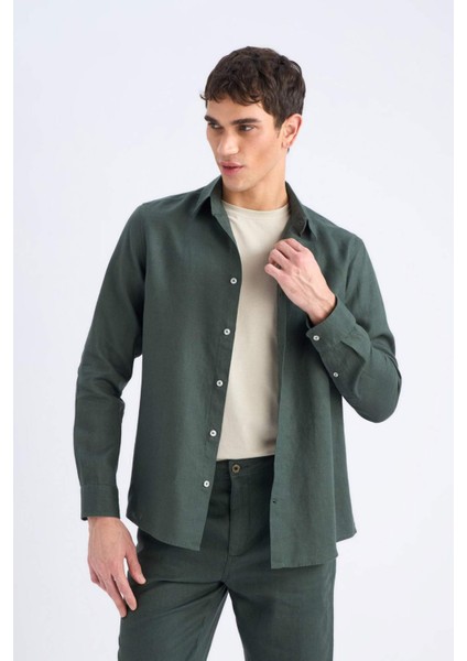 %100 Keten Regular Fit Polo Yaka Yazlık Uzun Kollu Gömlek D9925AX25SP