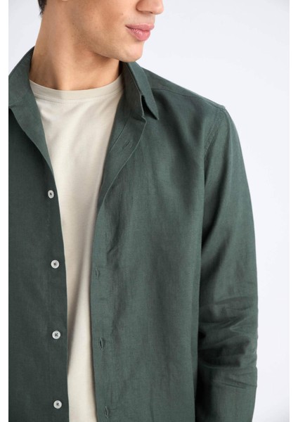 %100 Keten Regular Fit Polo Yaka Yazlık Uzun Kollu Gömlek D9925AX25SP