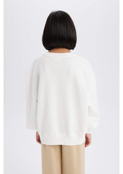 Kız Çocuk Oversize Geniş Kalıp Bisiklet Yaka Baskılı Sweatshirt D9784A825SP