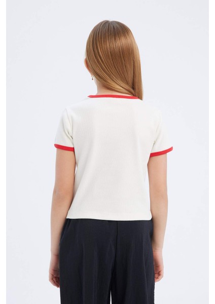 Kız Çocuk Slim Fit Dar Kesim Bisiklet Yaka Baskılı Fitilli Kaşkorse Kısa Kollu Tişört D8542A825SM