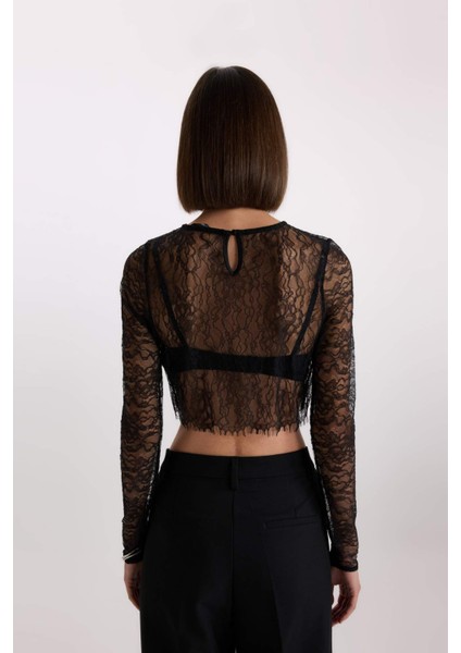 Crop Bisiklet Yaka Dantel Uzun Kollu Bluz E0210AX24AU