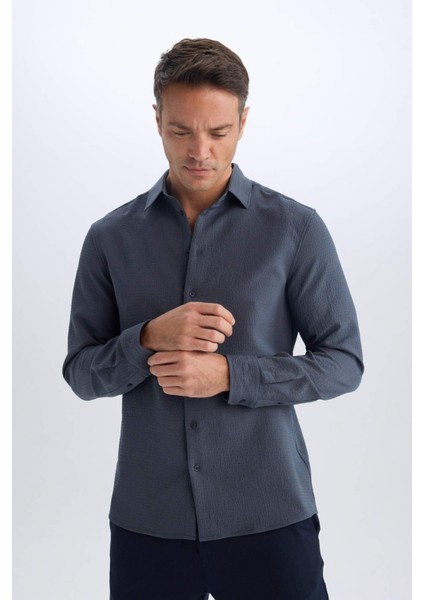 Modern Fit Polo Yaka Dokulu Esnek Kumaş Uzun Kollu Gömlek D7246AX25SP