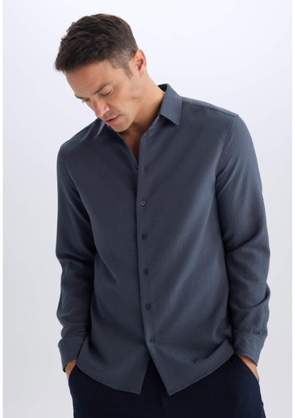 Modern Fit Polo Yaka Dokulu Esnek Kumaş Uzun Kollu Gömlek D7246AX25SP