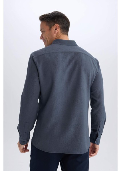 Modern Fit Polo Yaka Dokulu Esnek Kumaş Uzun Kollu Gömlek D7246AX25SP