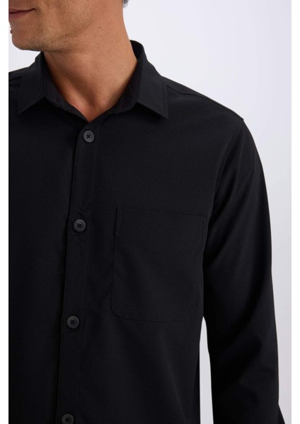 Regular Fit Polo Yaka Basic Düz Gofre Uzun Kollu Siyah Gömlek D8713AX25SP