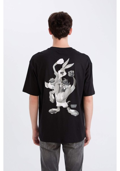 %100 Pamuk Looney Tunes Boxy Fit Bisiklet Yaka Sırt Baskılı Kısa Kollu Tişört E0328AX25SP
