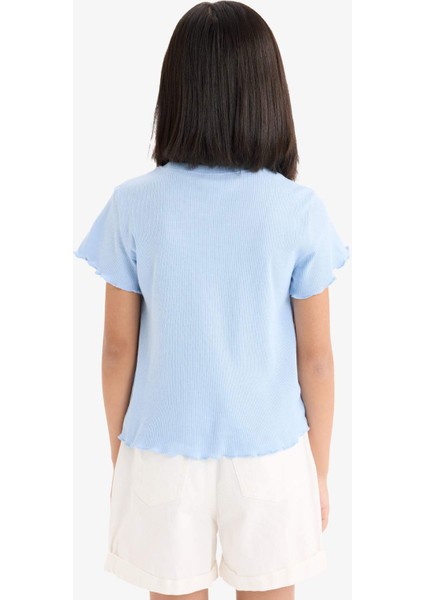 Kız Çocuk Slim Fit Dar Kesim Bisiklet Yaka Baskılı Fitilli Kaşkorse Kısa Kollu Tişört D9537A825SM