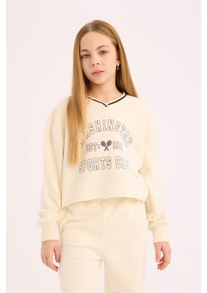 Kız Çocuk 2'li Takım Baskılı Sweatshirt Beli Paçası Lastikli Eşofman Altı D9886A825SP