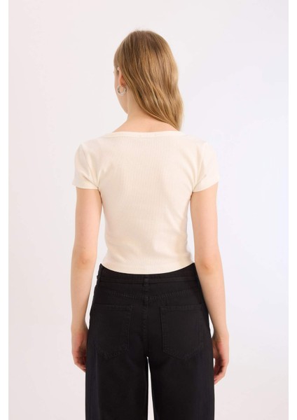 V Yaka Fitted Fitilli Kaşkorse Kısa Kollu Beyaz Tişört E0290AX25SM