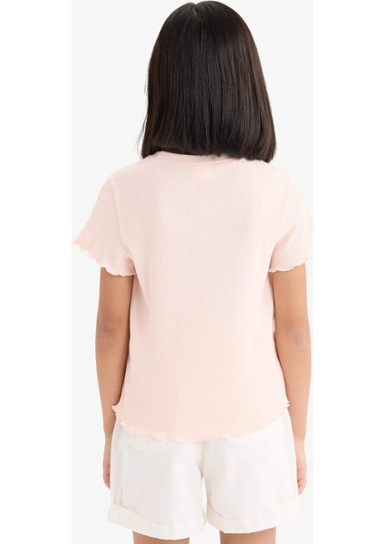 Kız Çocuk Slim Fit Dar Kesim Bisiklet Yaka Baskılı Fitilli Kaşkorse Kısa Kollu Tişört D9537A825SM