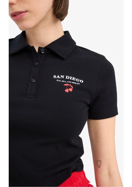 Coool Fitted Polo Yaka Baskılı Ribana Kısa Kollu Siyah Tişört D1095AX25SM