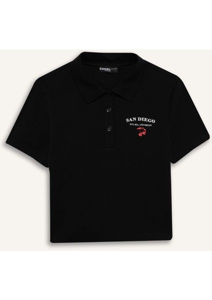 Coool Fitted Polo Yaka Baskılı Ribana Kısa Kollu Siyah Tişört D1095AX25SM