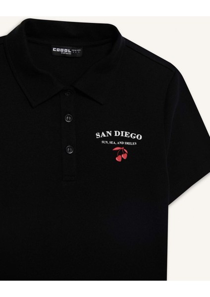 Coool Fitted Polo Yaka Baskılı Ribana Kısa Kollu Siyah Tişört D1095AX25SM