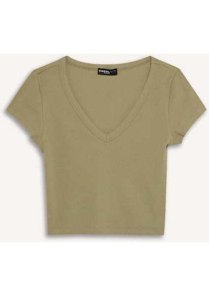 Fitted Fitilli Kaşkorse Basic Düz Kısa Kollu Tişört E0290AX25SM