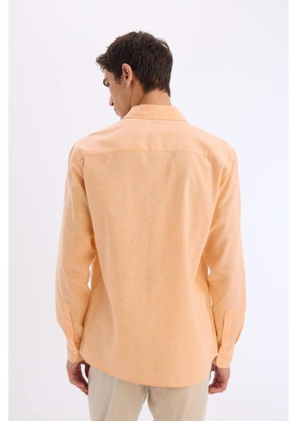 Regular Fit Polo Yaka Keten Karışımlı Yazlık Uzun Kollu Gömlek E0555AX25SM