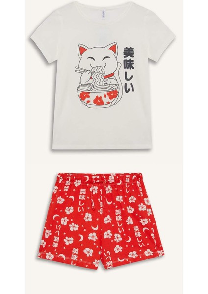 Kız Çocuk Pijama Takımı Baskılı Kısa Kollu Üst Desenli Şort E0530A825HS