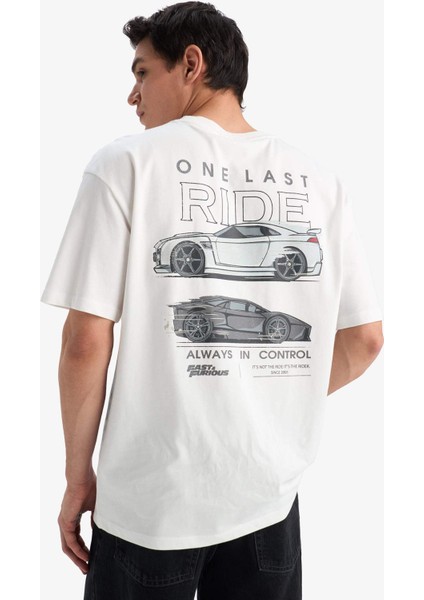 %100 Pamuk Fast & Furious Boxy Fit Bisiklet Yaka Sırt Baskılı Kısa Kollu Tişört E0620AX25SM