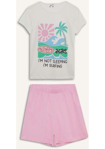 Kız Çocuk Pijama Takımı Baskılı Kısa Kollu Üst Beli Lastikli Şort E0665A825HS