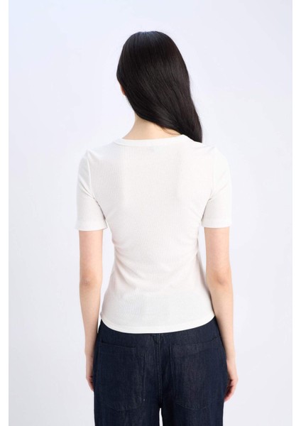 Slim Fit Dar Kesim Bisiklet Yaka Basic Düz Fitilli Kaşkorse Kısa Kollu Tişört C0097AX25SP