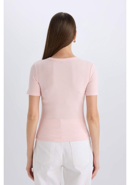 Slim Fit Dar Kesim Bisiklet Yaka Basic Düz Fitilli Kaşkorse Kısa Kollu Tişört C0097AX25SP