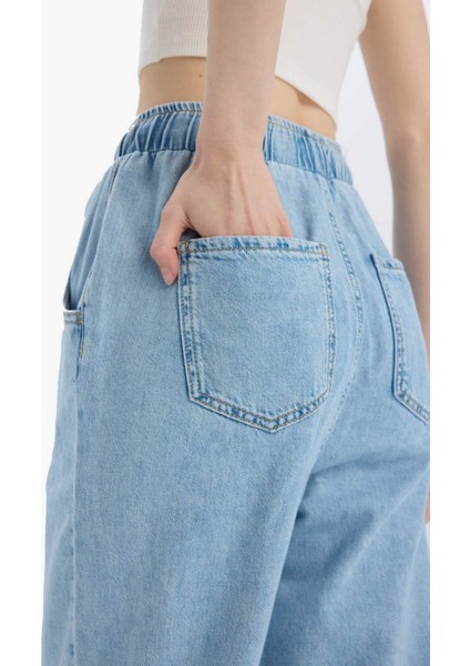 Pull On Paperbag Yüksek Bel Düz Paça Uzun Yumuşak Jean Pantolon E0733AX25SM