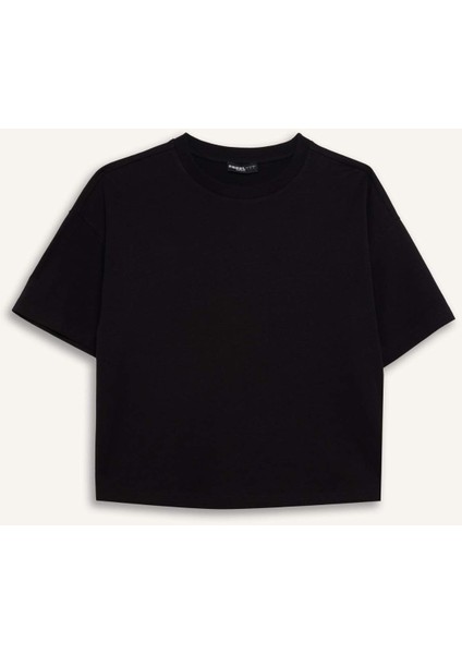 Coool Loose Fit Bisiklet Yaka Basic Düz Kalın Kumaş Kısa Kollu Siyah Tişört E0291AX25SM