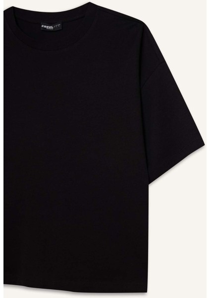 Coool Loose Fit Bisiklet Yaka Basic Düz Kalın Kumaş Kısa Kollu Siyah Tişört E0291AX25SM