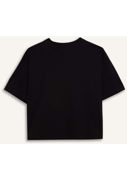 Coool Loose Fit Bisiklet Yaka Basic Düz Kalın Kumaş Kısa Kollu Siyah Tişört E0291AX25SM