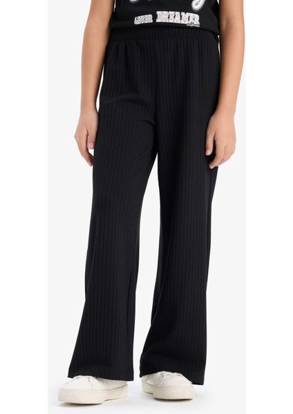 Kız Çocuk 2'li Takım Fitilli Kaşkorse Baskılı Kısa kollu Tişört Wide Leg Geniş Bol Paça Pantolon E0415A825SM