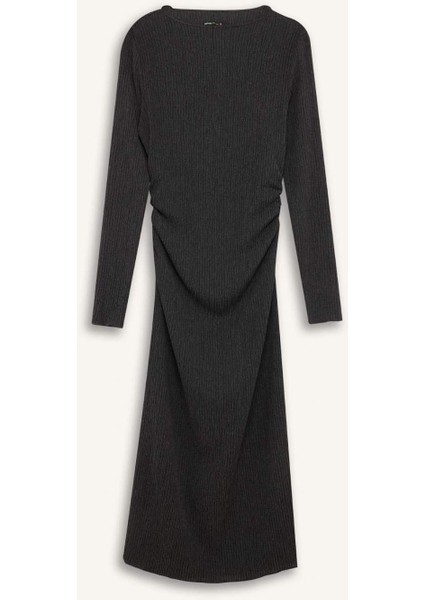 Bodycon Vücudu Saran Yarım Balıkçı Yaka Basic Düz Bürümcük Uzun Kollu Midi Elbise D8643AX24AU