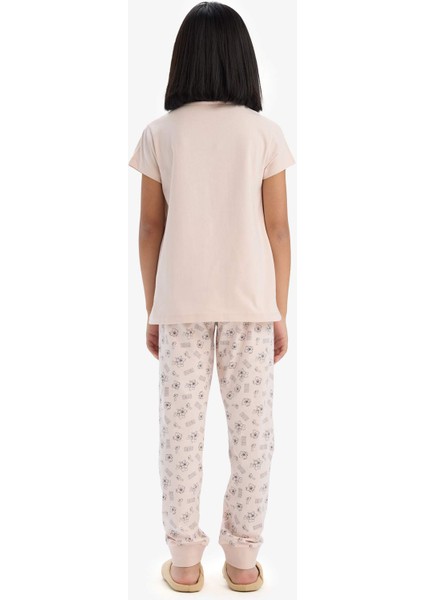 Kız Çocuk Pijama Takımı Baskılı Kısa Kollu Üst Beli Lastikli Uzun Alt E0542A825SM