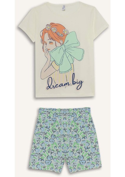 Kız Çocuk Pijama Takımı Baskılı Kısa Kollu Üst Beli Lastikli Şort E0663A825HS