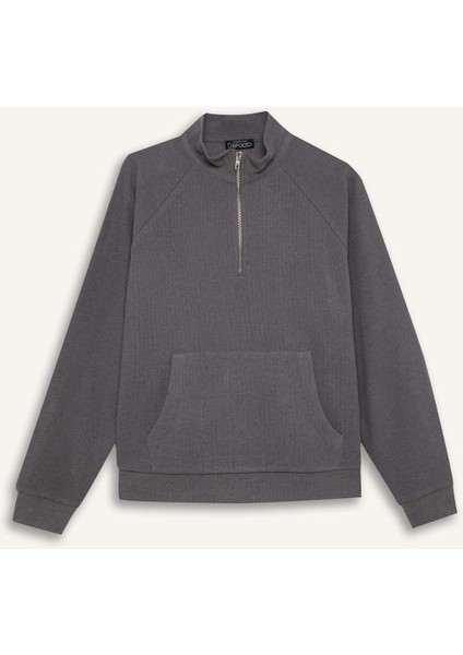 Oversize Geniş Kalıp Basic Düz Kanguru Cepli Fermuarlı Polo Yaka Sweatshirt E0741AX24WN