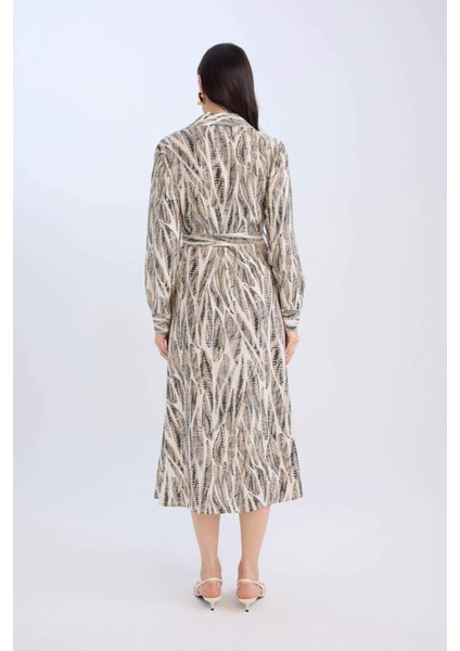 Regular Fit Desenli V Yaka Kuşaklı Uzun Kollu Maxi Elbise E0784AX25SP