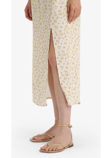Bodycon Vücudu Saran Kalp Yaka Çiçek Desenli Maroken Askılı Midi Elbise C0960AX25SM