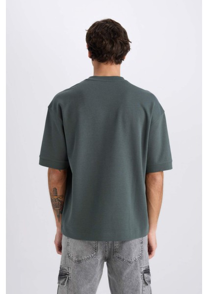 Loose Fit Bisiklet Yaka Baskılı Kısa Kollu Ağır Kumaş Tişört E0575AX25SM