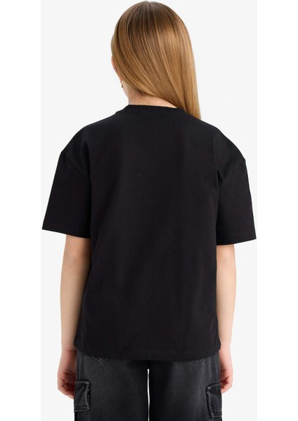 Kız Çocuk Relax Fit Bisiklet Yaka Baskılı Kısa Kollu Tişört E0389A825SM