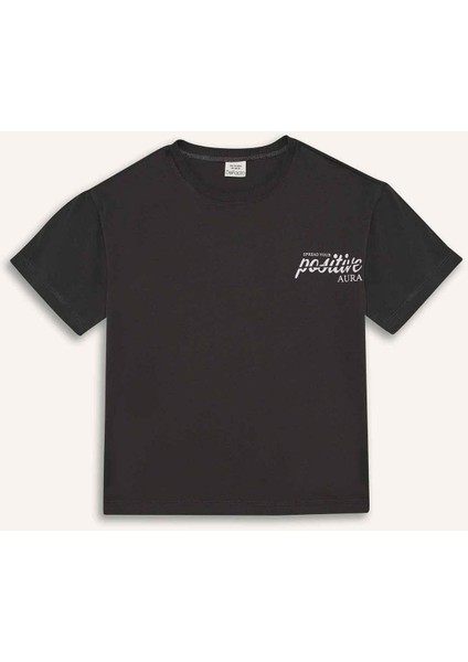 Kız Çocuk Oversize Geniş Kalıp Bisiklet Yaka Sırt Baskılı Kısa Kollu Tişört E0367A825SM