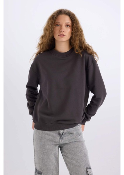 Oversize Geniş Kalıp Bisiklet Yaka Basic Düz Kalın Sweatshirt E3859AX24WN