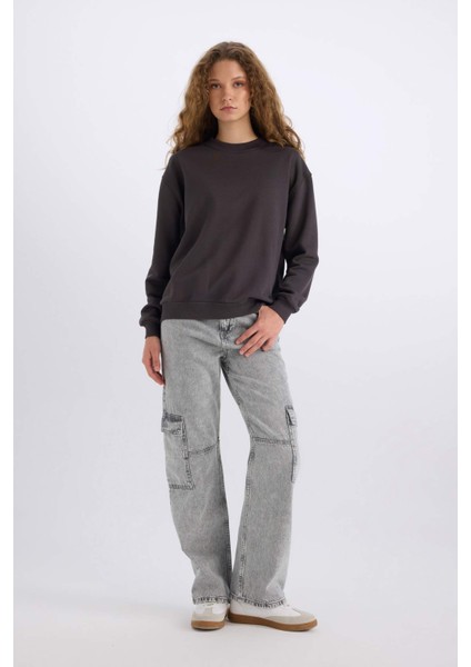 Oversize Geniş Kalıp Bisiklet Yaka Basic Düz Kalın Sweatshirt E3859AX24WN fiyatları