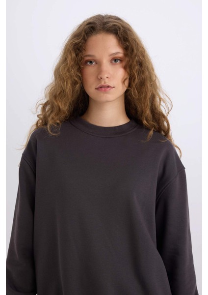 Oversize Geniş Kalıp Bisiklet Yaka Basic Düz Kalın Sweatshirt E3859AX24WN fırsatları
