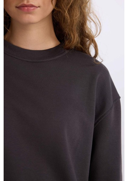 Oversize Geniş Kalıp Bisiklet Yaka Basic Düz Kalın Sweatshirt E3859AX24WN indirimleri