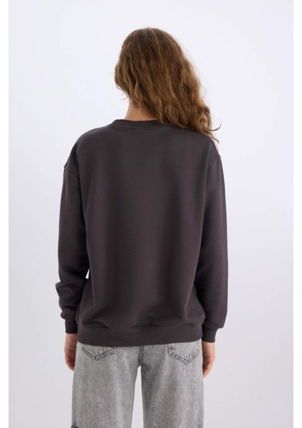 Oversize Geniş Kalıp Bisiklet Yaka Basic Düz Kalın Sweatshirt E3859AX24WN