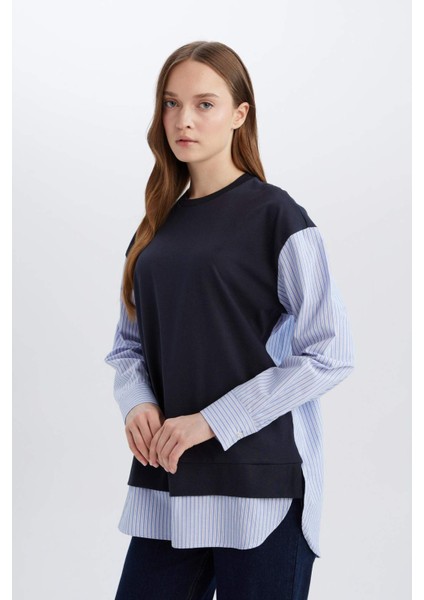 Bisiklet Yaka Çizgili Gömlek Görünümlü Sweatshirt Tunik E1393AX25SP
